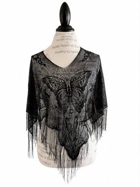 Black Butterfly Lace Fringe Poncho /Boho Sheer Crochet Shawl